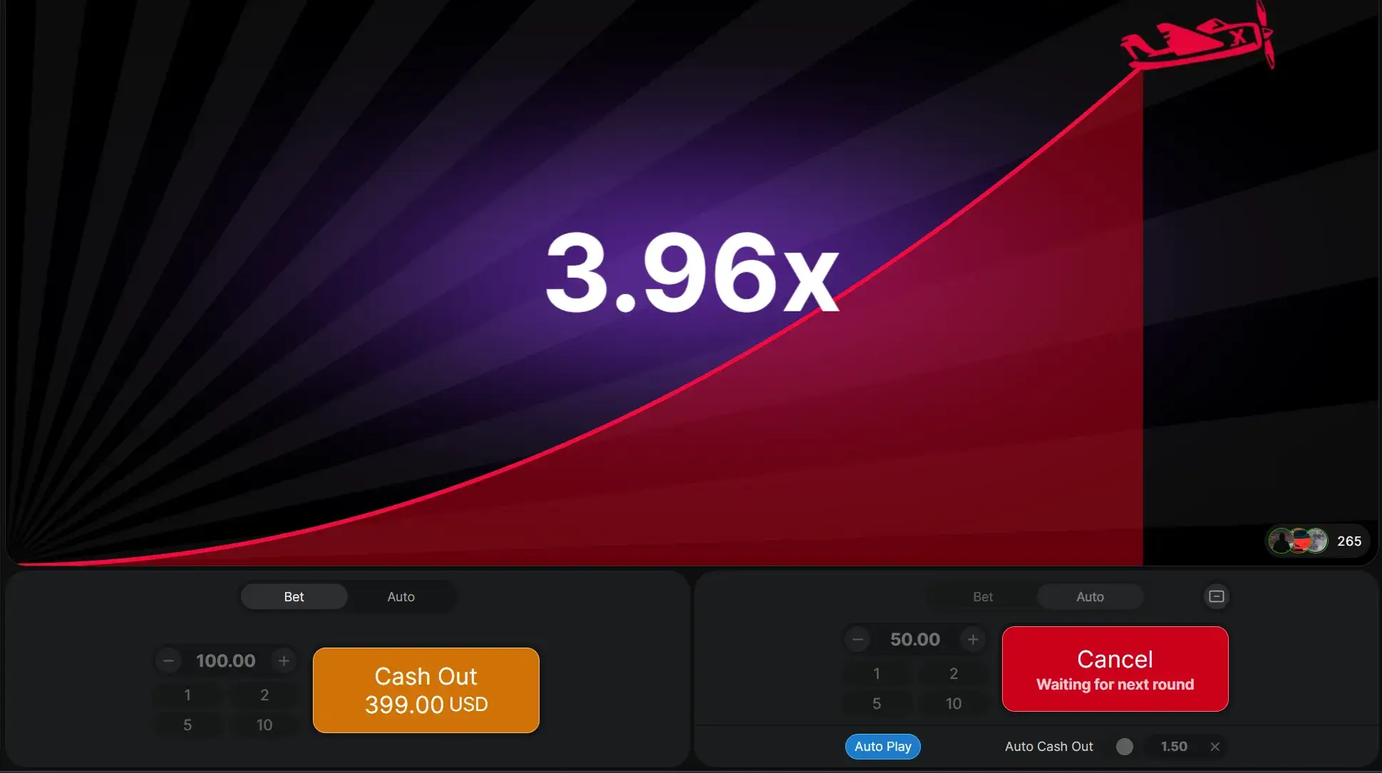 Screenshot of the Aviator game UI with the plane, multiplier history, players' bets on the left, and betting controls at the bottom.