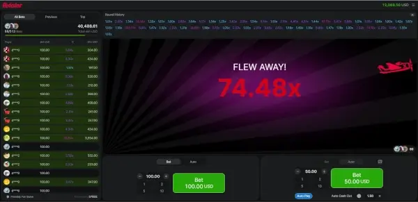 Aviator crash game screen with a plane in the air and the multiplier going up during the round.