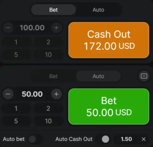 Bottom area of the Aviator interface with two bet controls, each with stake, Bet button, and settings.