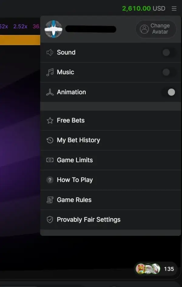 Aviator menu window with options like Provably Fair, Free Bets, Game Rules, Bet History, and Game Limits.